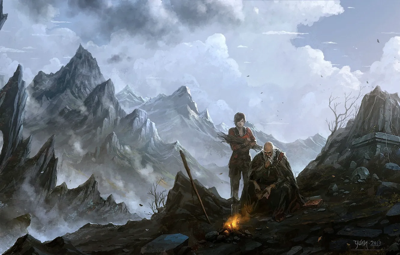 Photo wallpaper girl, the fire, art, the old man