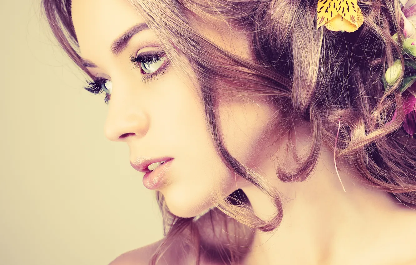 Photo wallpaper look, girl, flowers, eyelashes, background, hair, makeup, hairstyle