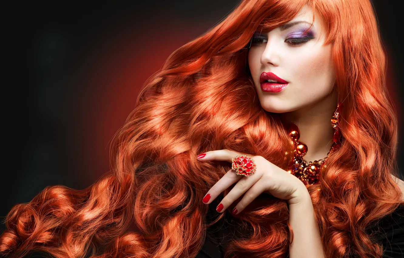 Photo wallpaper girl, background, hands, makeup, ring, beads, red, long hair