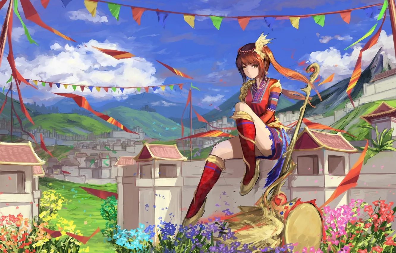 Photo wallpaper girl, flowers, the city, the wind, flags