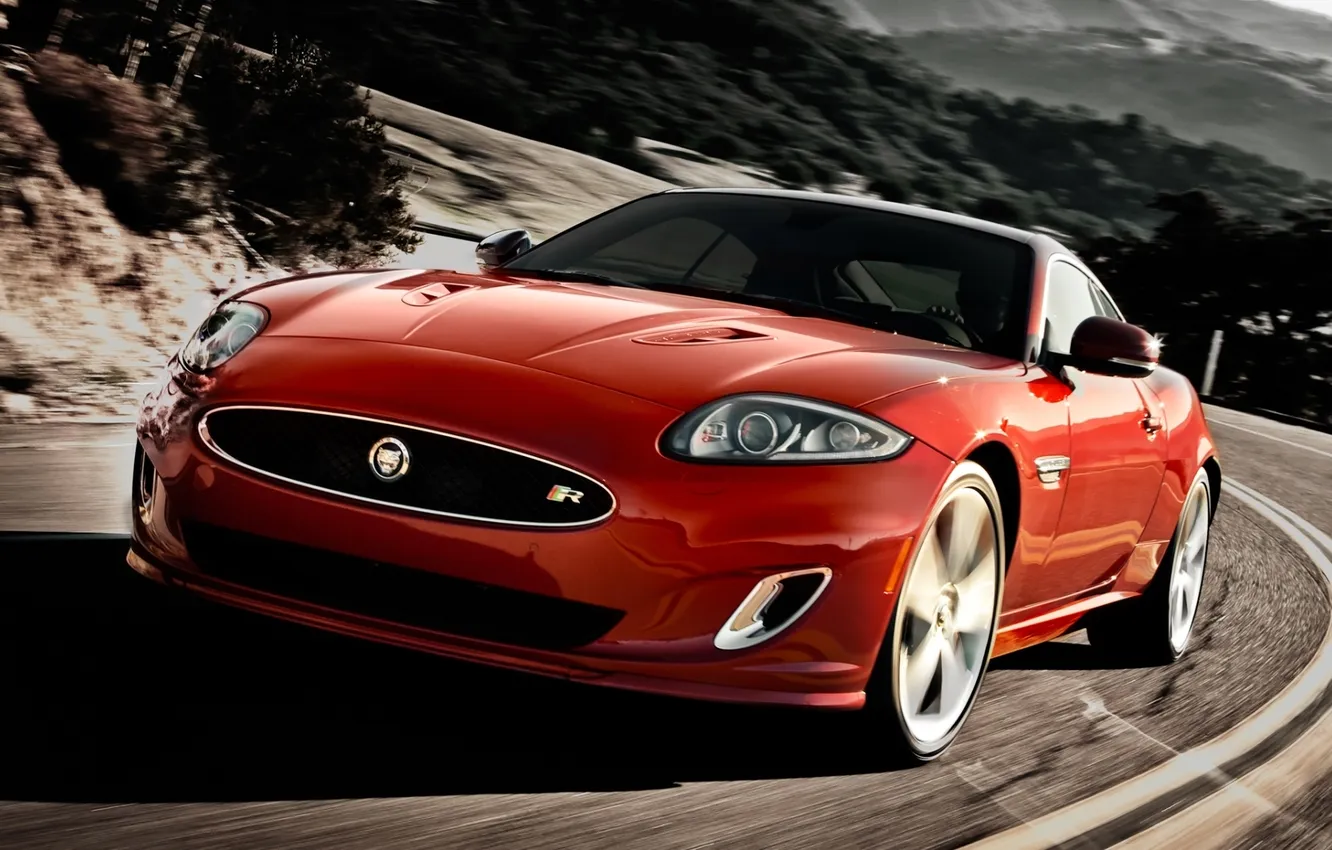 Photo wallpaper road, red, background, coupe, Jaguar, XKR, Jaguar, supercar