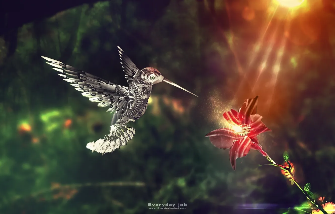 Photo wallpaper flowers, robot, Hummingbird, bird