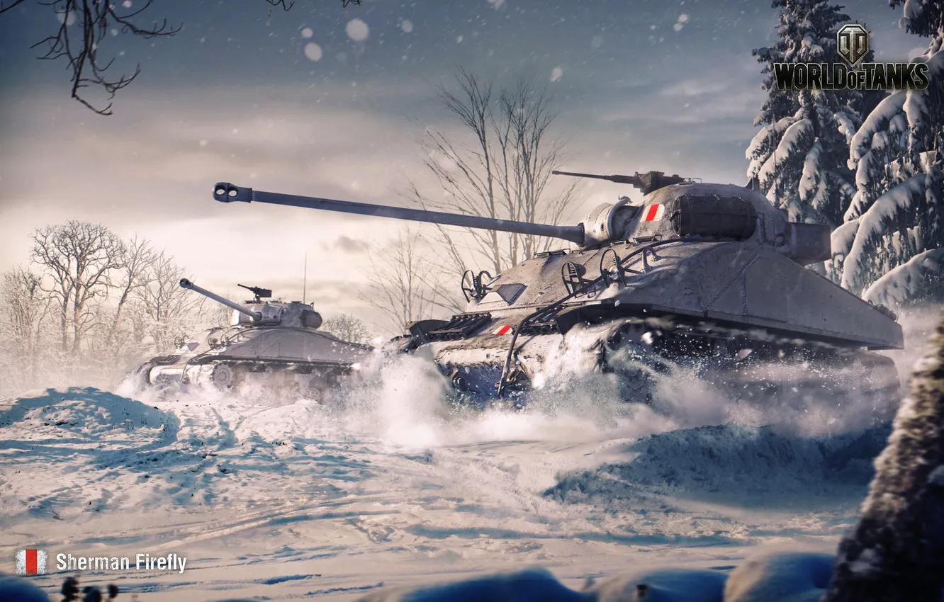 Photo wallpaper winter, the sky, snow, trees, tank, iron, WoT, World of Tanks