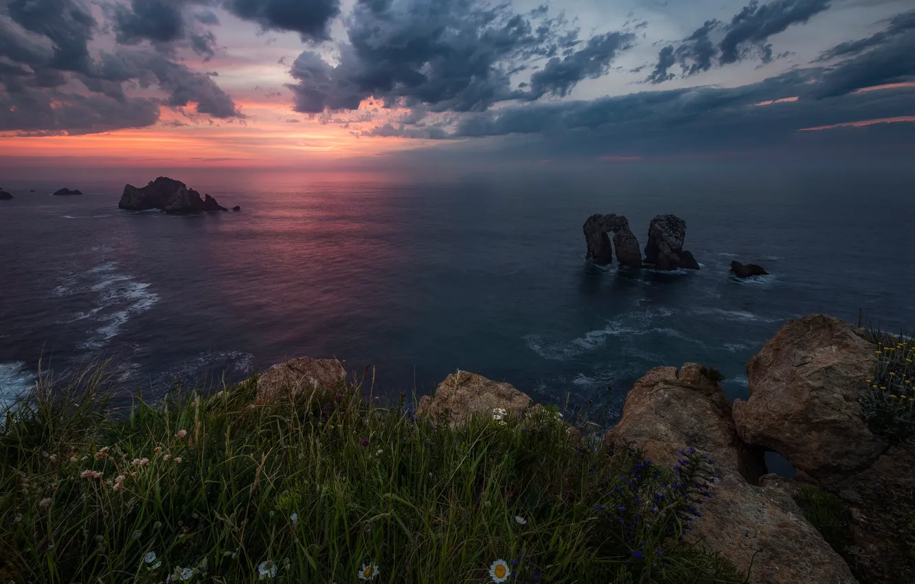 Photo wallpaper sea, grass, sunset, rocks, coast, Spain, Spain, Costa Quebrada