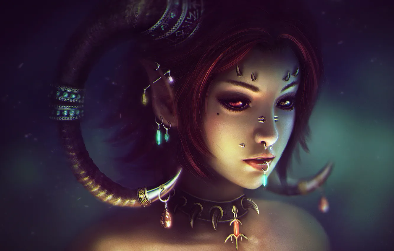 Photo wallpaper girl, piercing, horns, collar