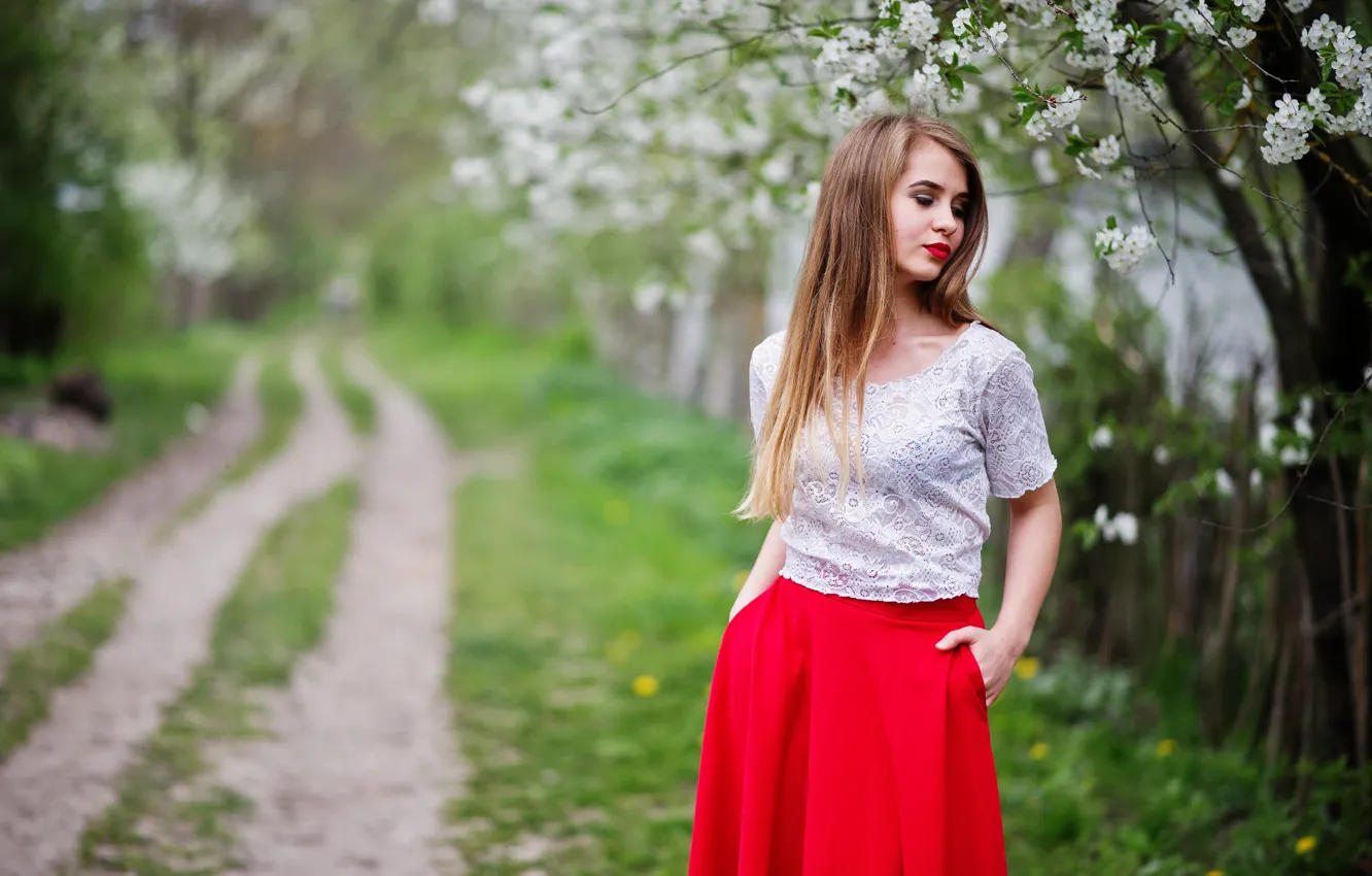 Photo wallpaper girl, flowers, garden