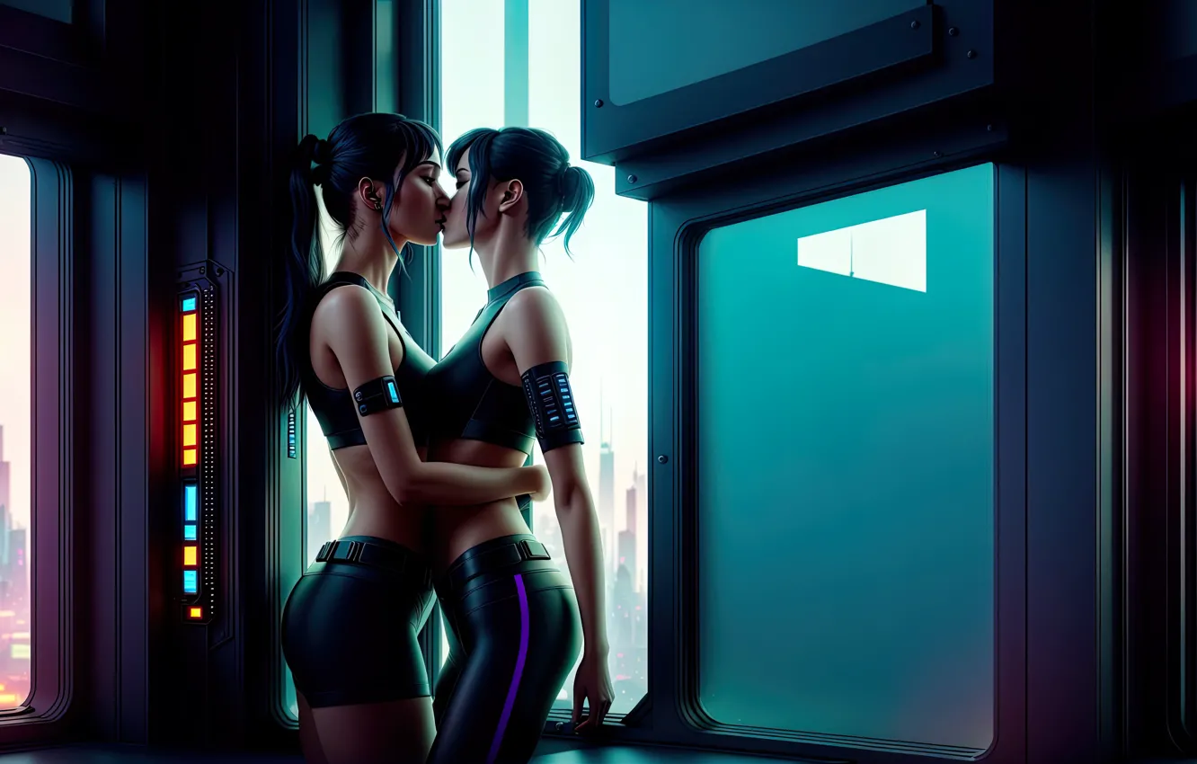 Photo wallpaper girl, fantasy, art, kiss, Future, digital art, fantasy art, fantasy girls