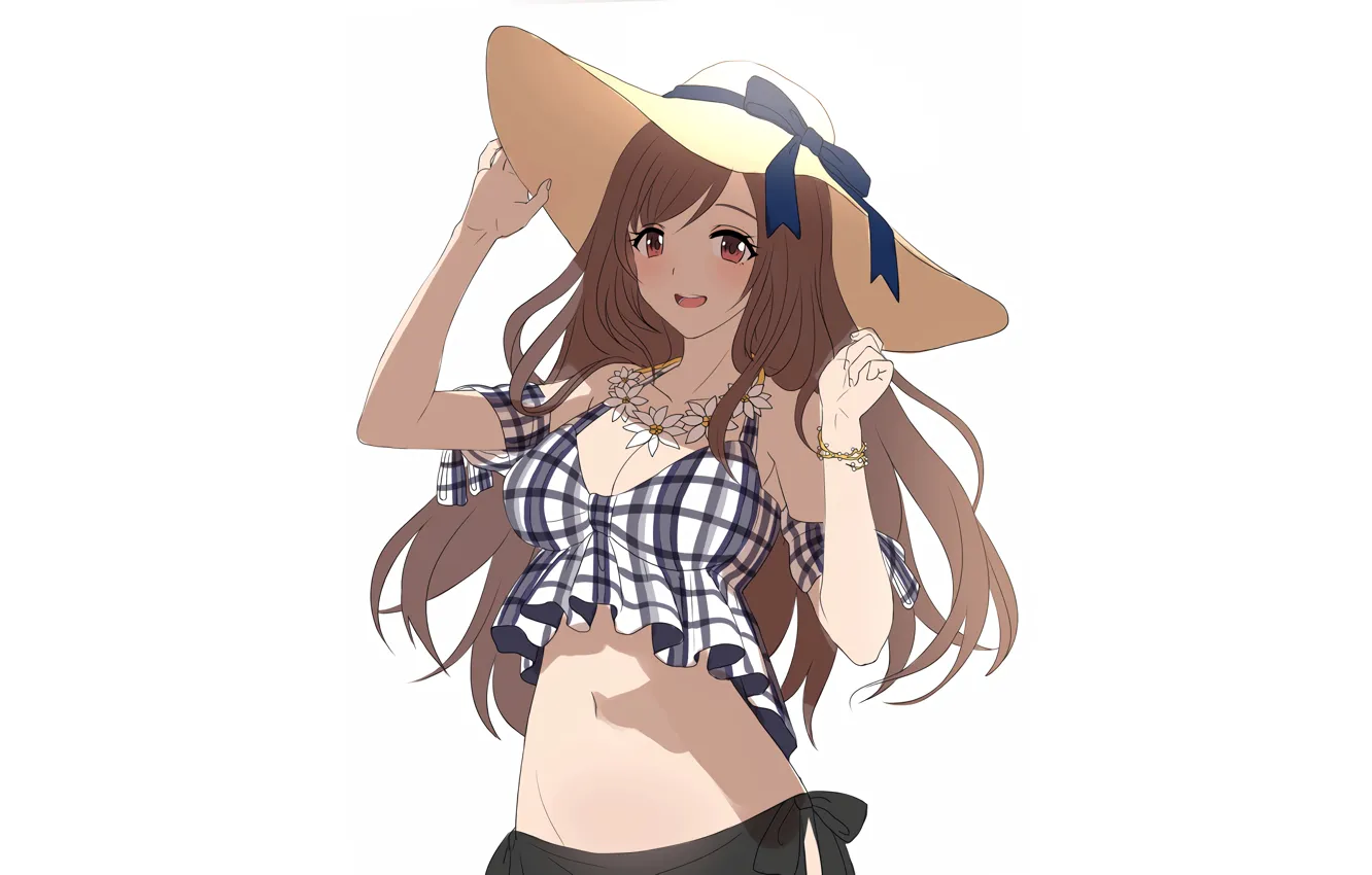 Photo wallpaper girl, sexy, cleavage, long hair, hat, brown hair, boobs, anime