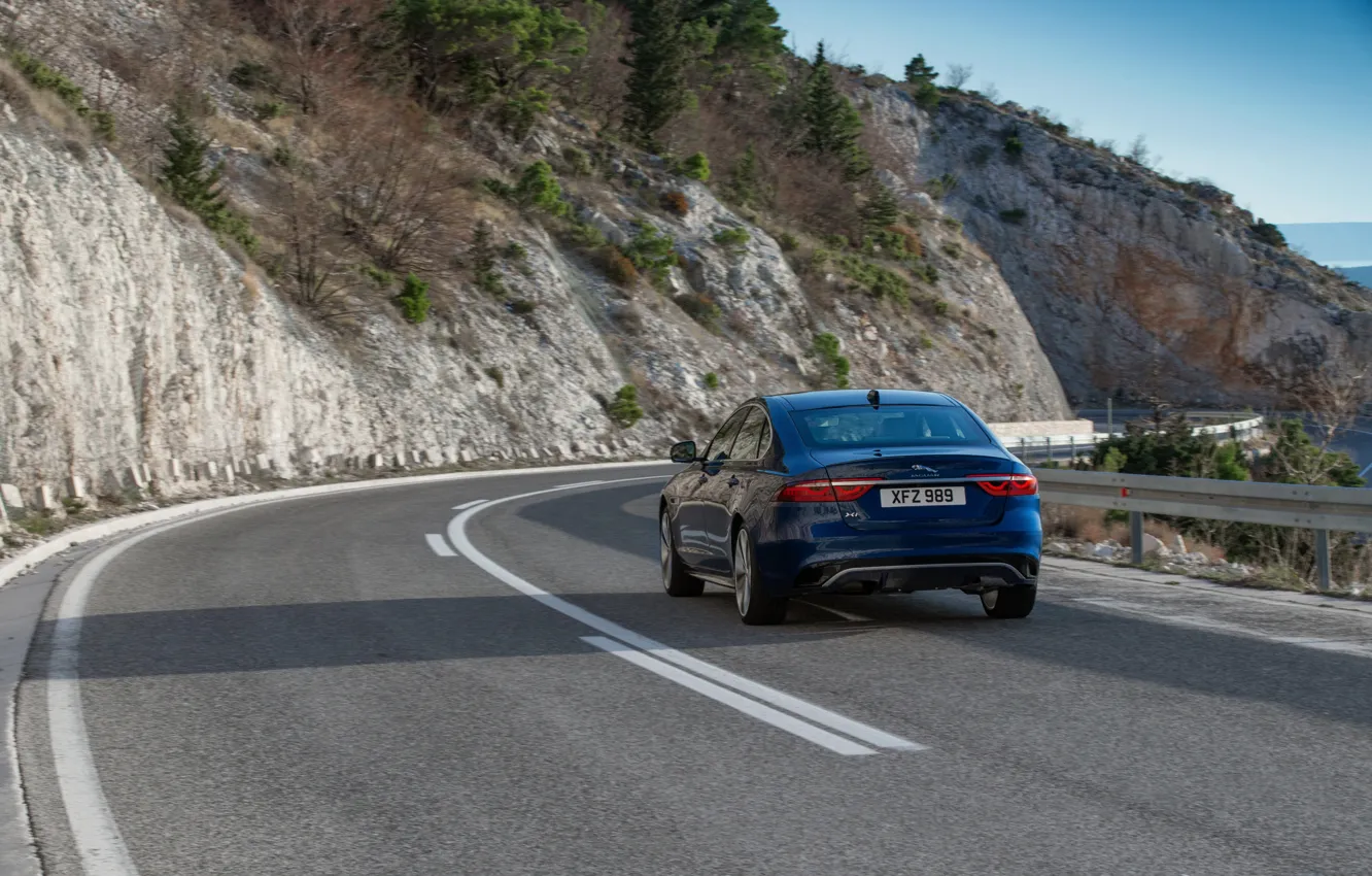 Photo wallpaper road, mountains, markup, vegetation, Jaguar, slope, back, sedan