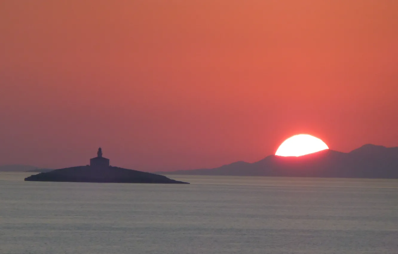 Photo wallpaper twilight, sea, sunset, seascape, island, hills, dusk, lighthouse