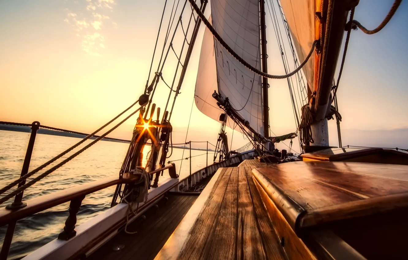 Photo wallpaper sea, the sun, sunset, coast, the evening, yacht, sail