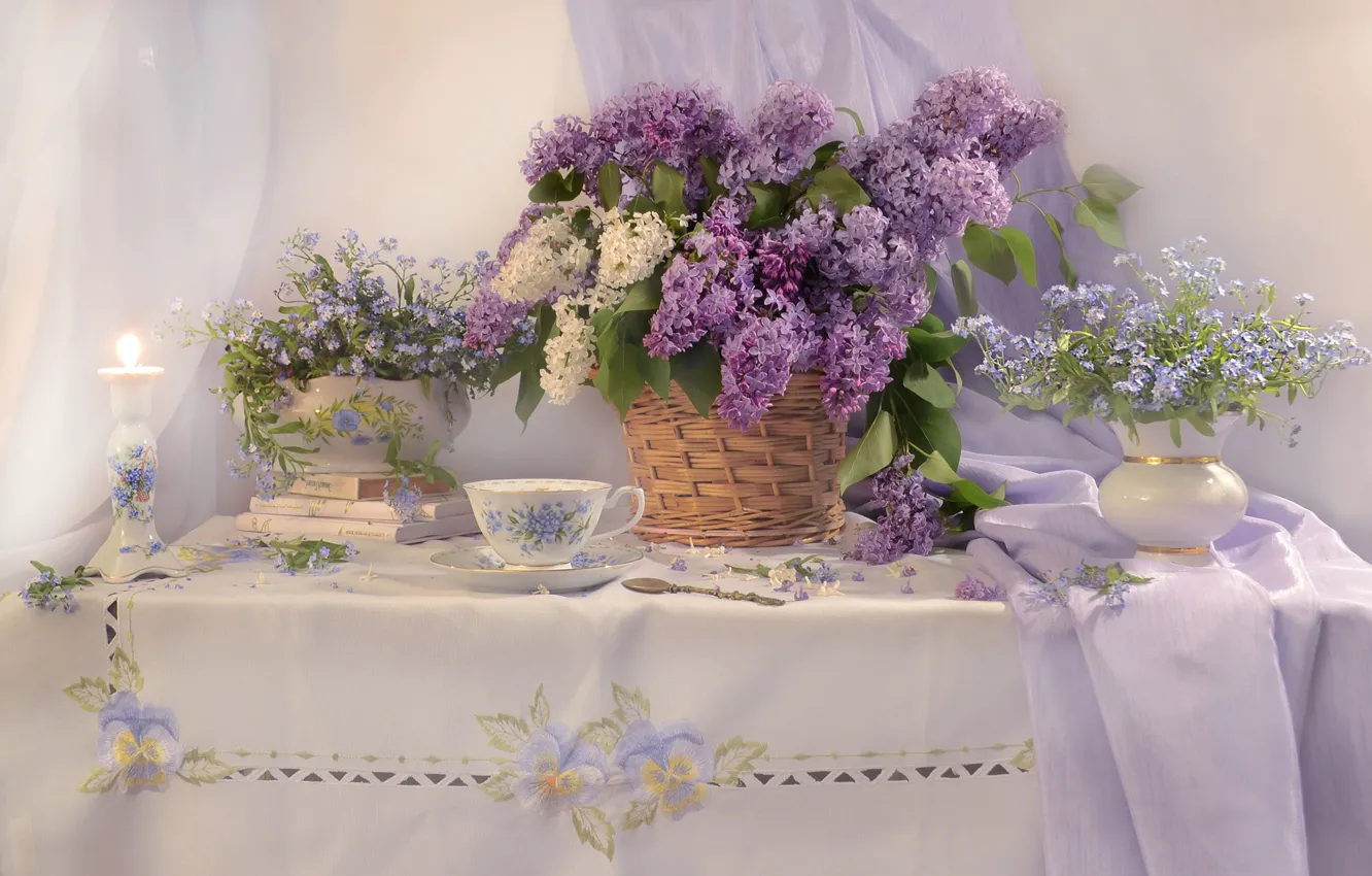 Photo wallpaper still life, lilac, tablecloth, embroidery