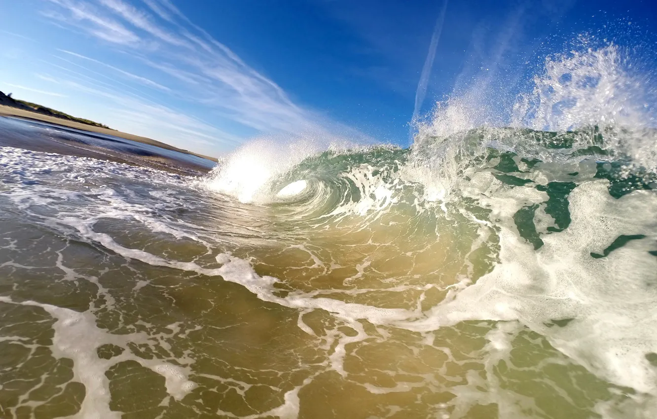Photo wallpaper sea, wave, the sky, squirt, shore