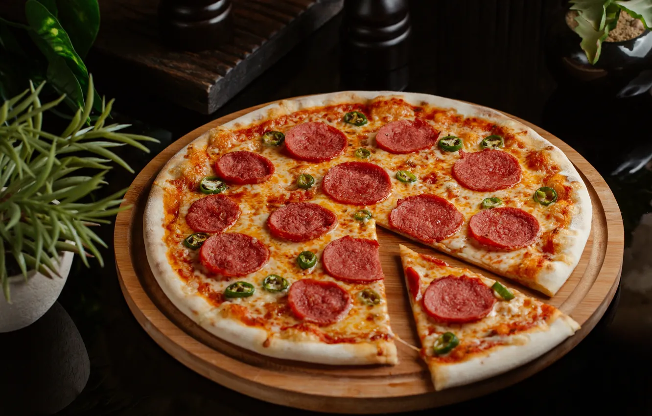 Photo wallpaper the dark background, table, food, cheese, pizza, circles, sausage, stand