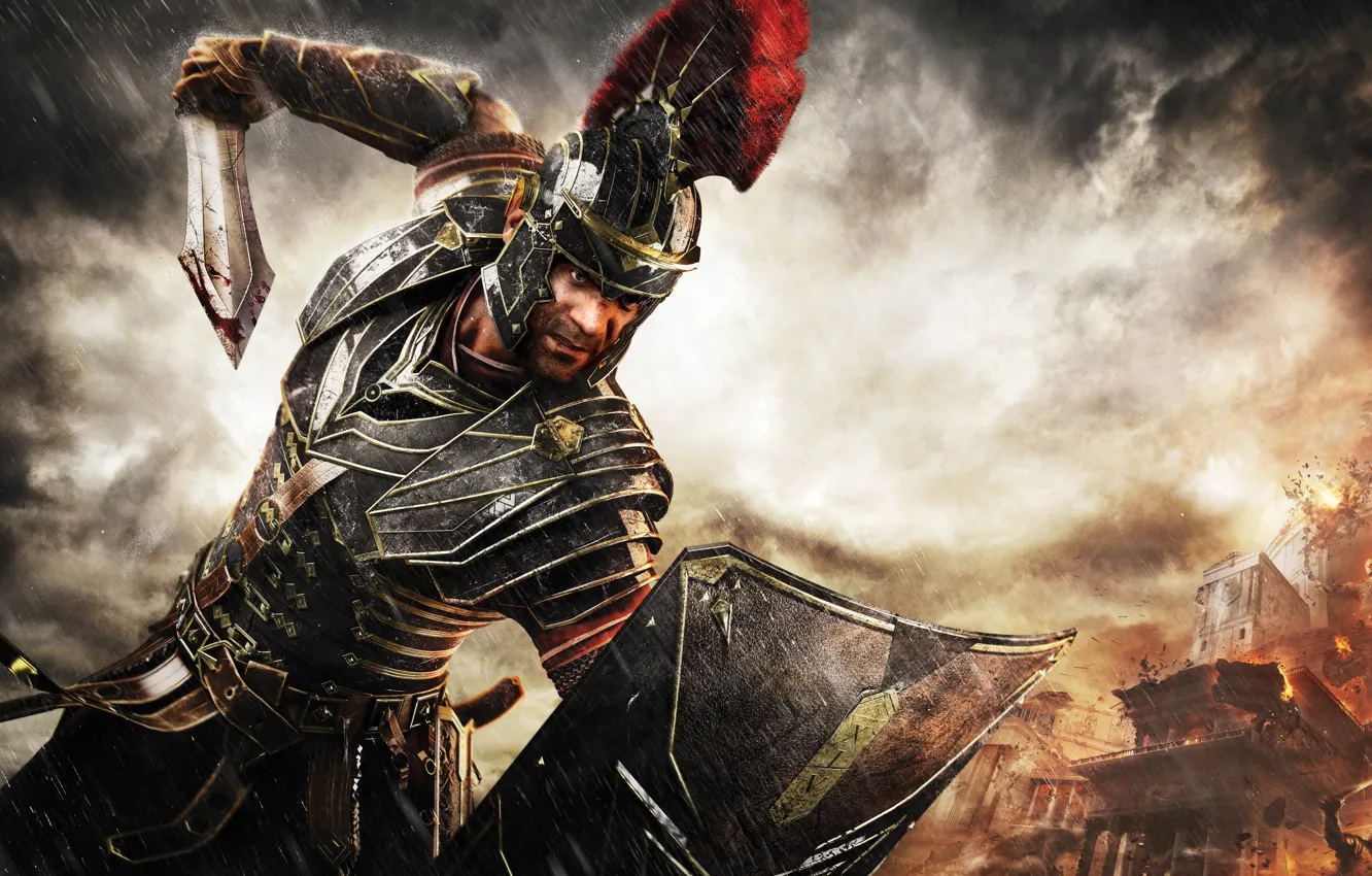Photo wallpaper clouds, rain, sword, warrior, Rome, shield, Crytek, Microsoft Game Studios