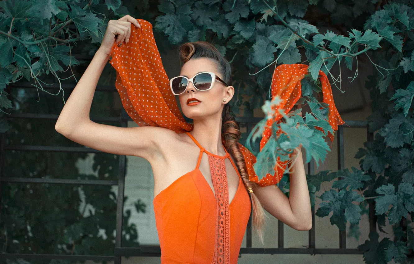 Photo wallpaper leaves, pose, style, model, portrait, makeup, garden, dress