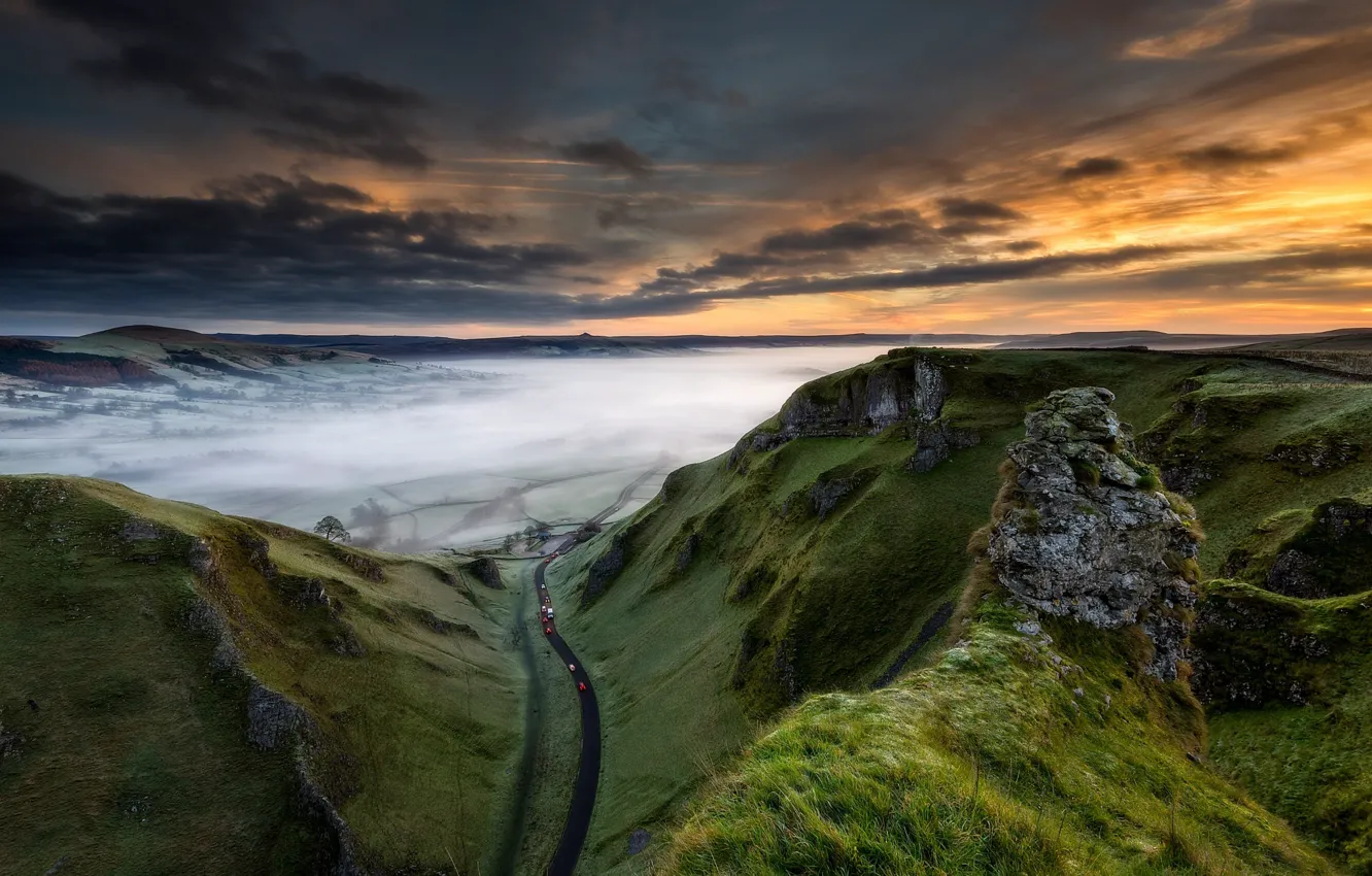 Photo wallpaper road, machine, fog, hills, UK