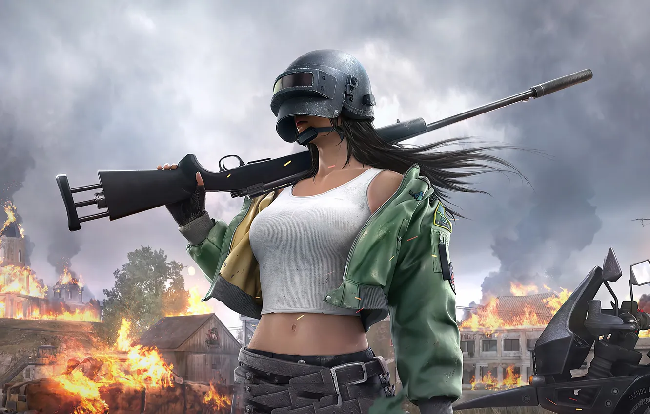 Photo wallpaper long hair, women, girls with guns, video games, rifles, collarbone, pubg, video game characters