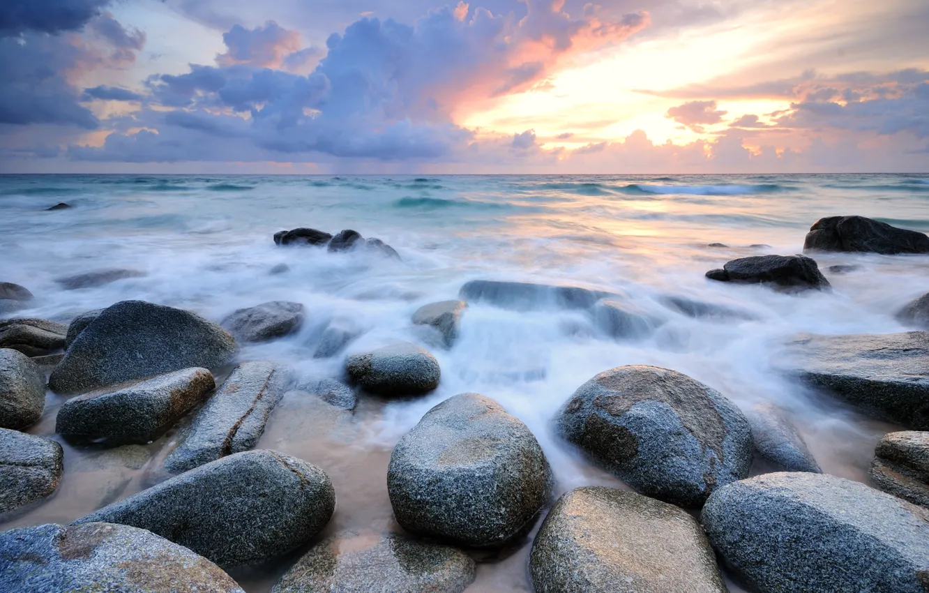 Photo wallpaper sand, sea, wave, beach, summer, sunset, stones, summer