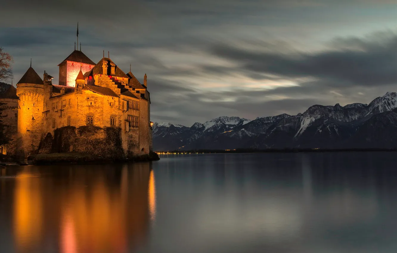 Photo wallpaper forest, the sky, mountains, night, lights, lake, Switzerland, Castle