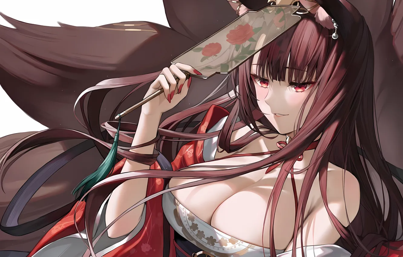 Photo wallpaper girl, sexy, cleavage, long hair, brown hair, boobs, animal ears, anime