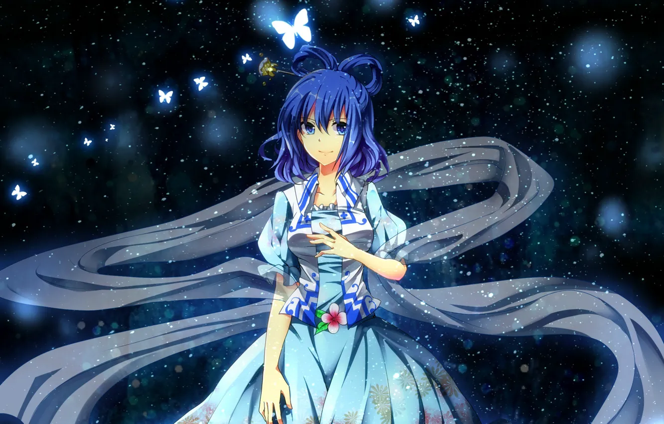 Photo wallpaper night, butterfly, scarf, blue hair, art, starry sky, Touhou Project, Project East