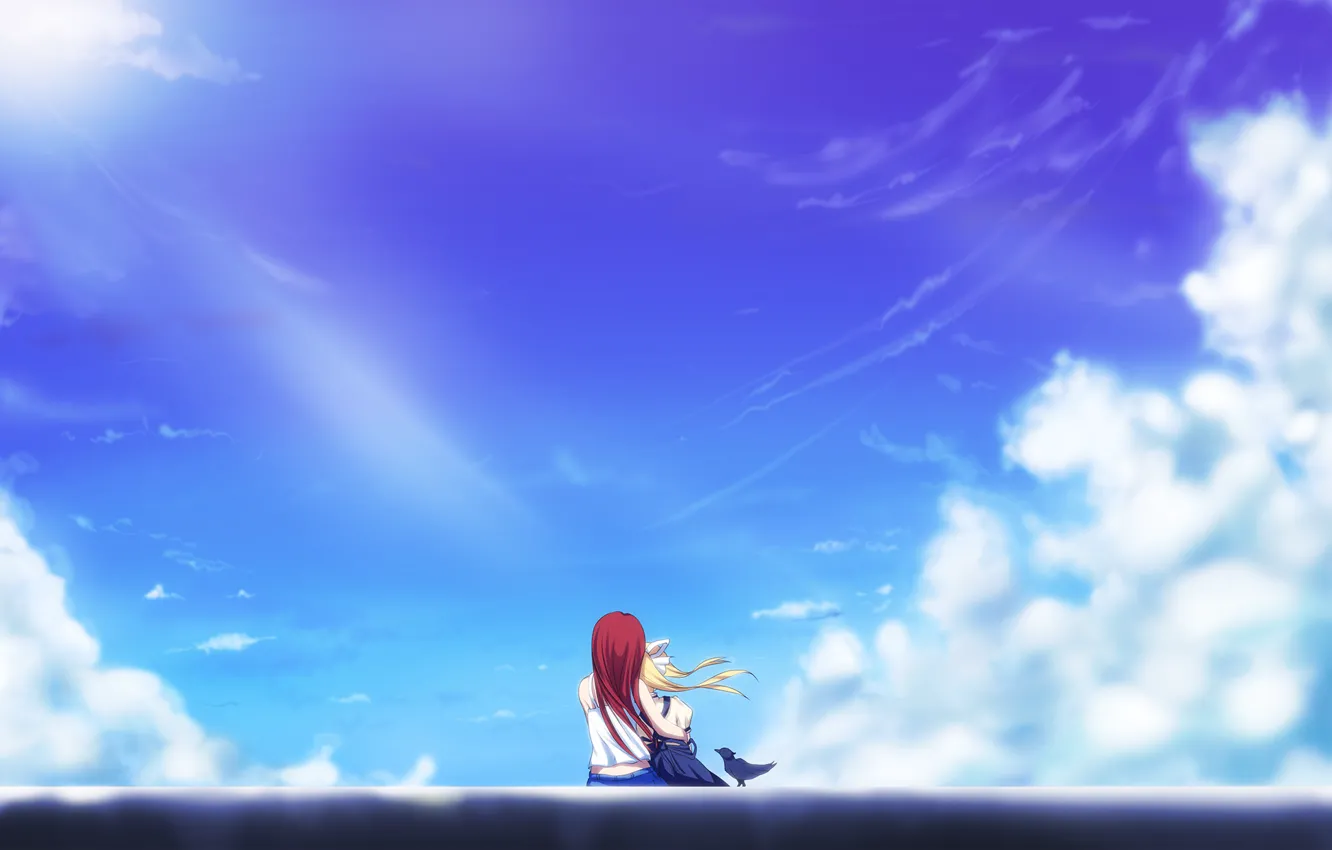 Photo wallpaper the sky, clouds, girls, art, hugs, air, sitting, kamio misuzu