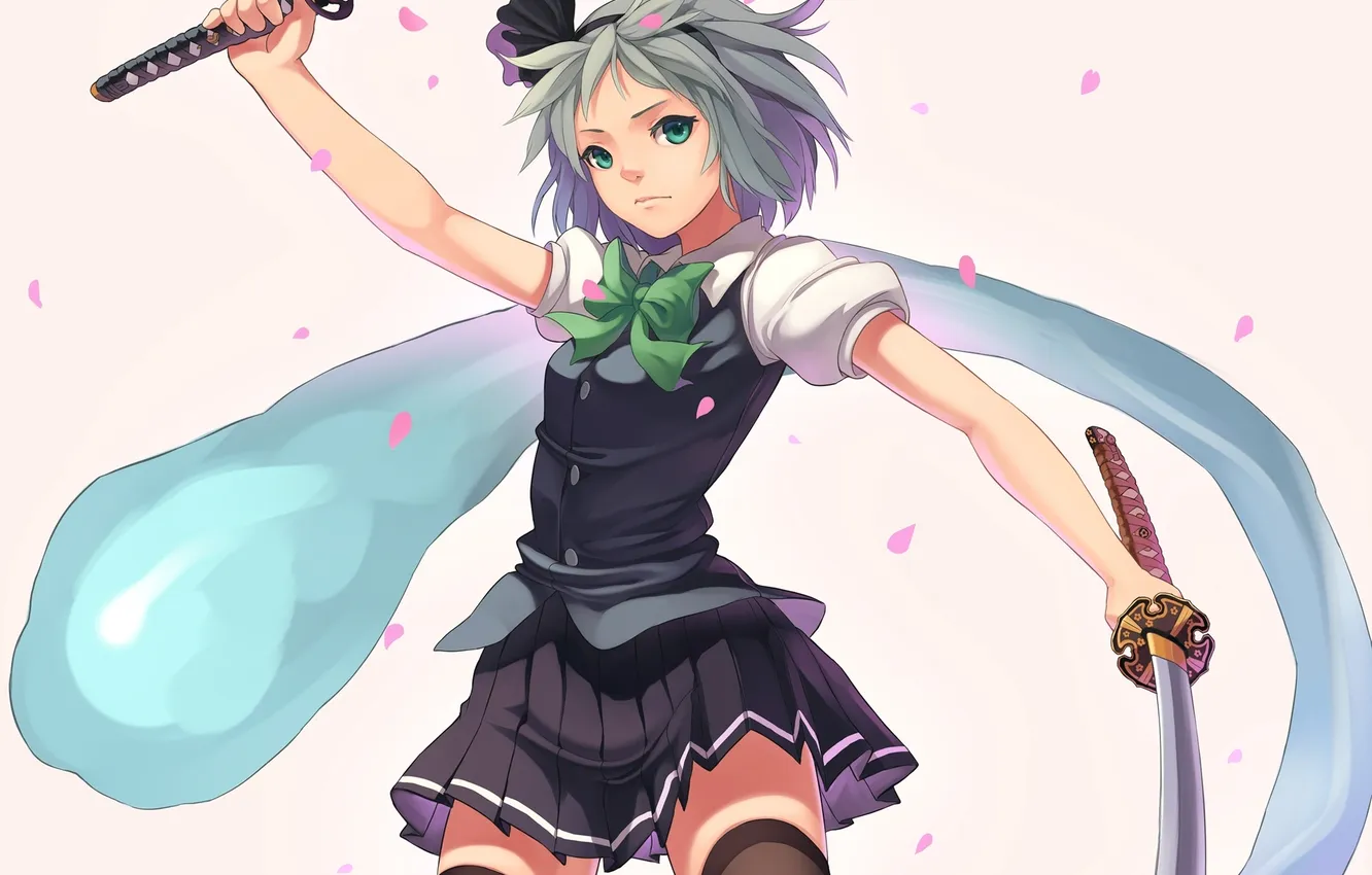Photo wallpaper girl, weapons, katana, petals, Sakura, art, Ghost, touhou