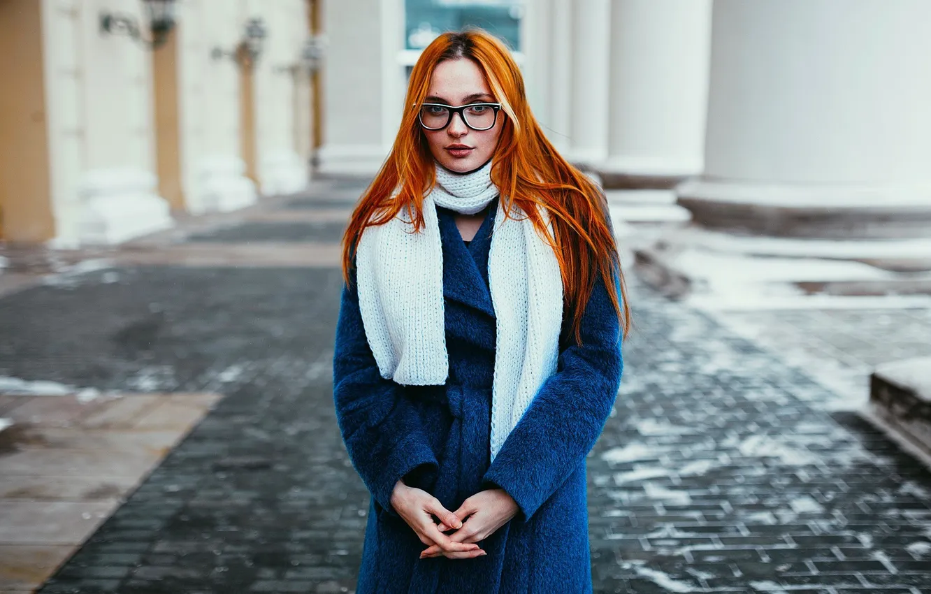 Photo wallpaper Girl, Model, Hair, Blue, Red, Dasha, Coat, Ivan Proskurin