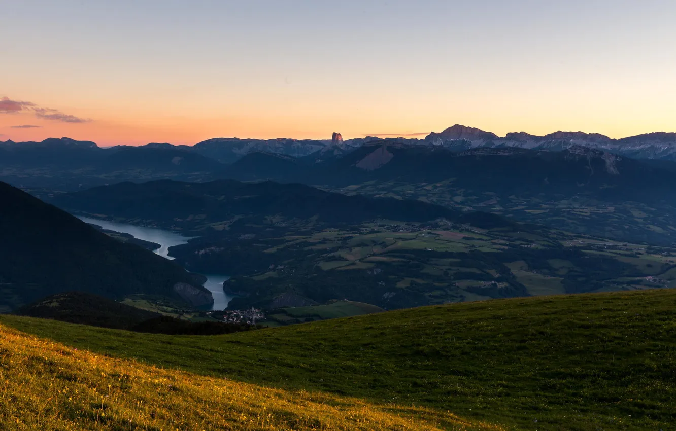 Photo wallpaper mountains, nature, river, valley, panorama