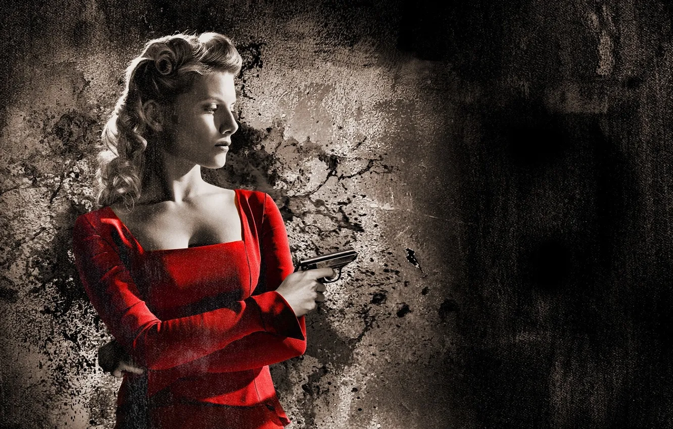 Photo wallpaper girl, red, gun, dress