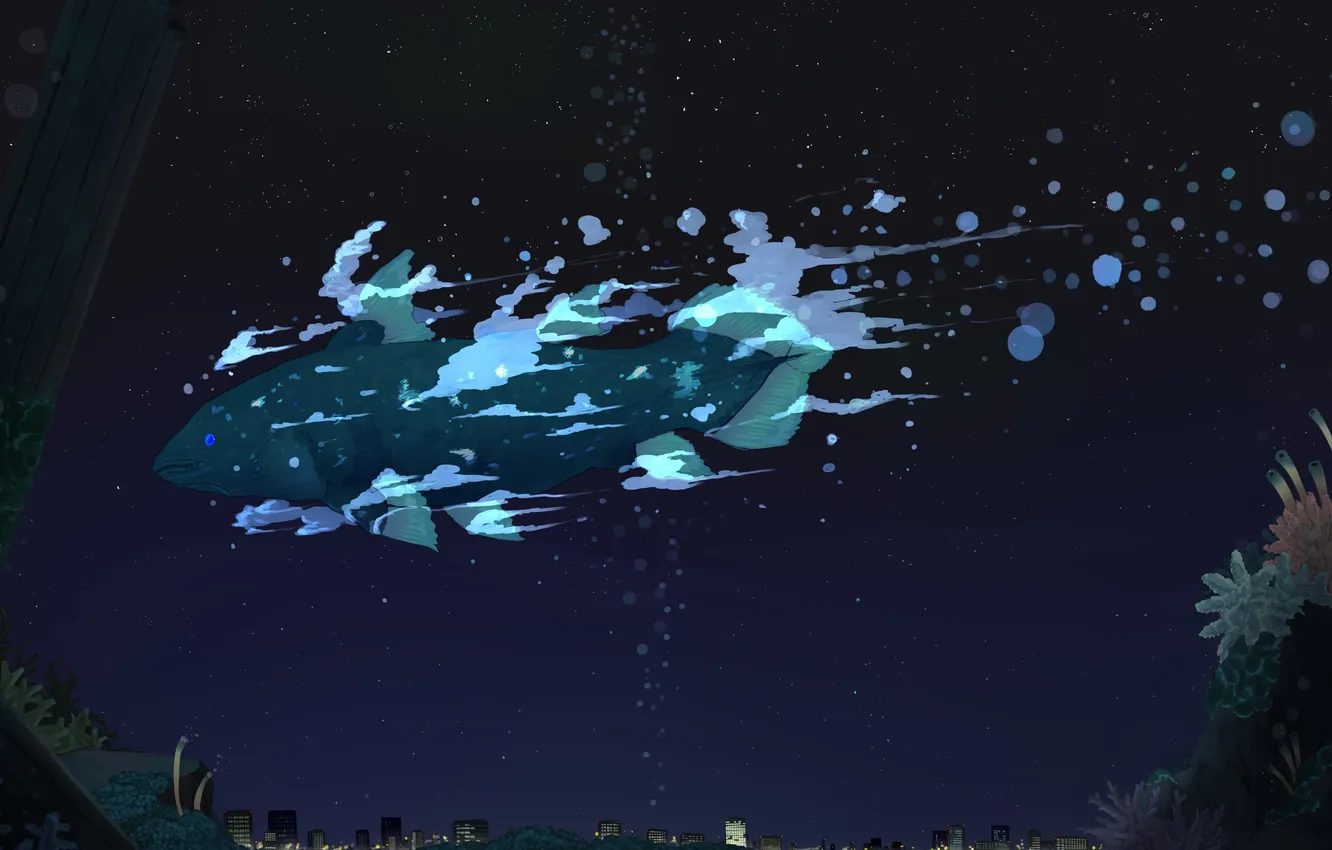 Photo wallpaper stars, night, the city, lights, fish