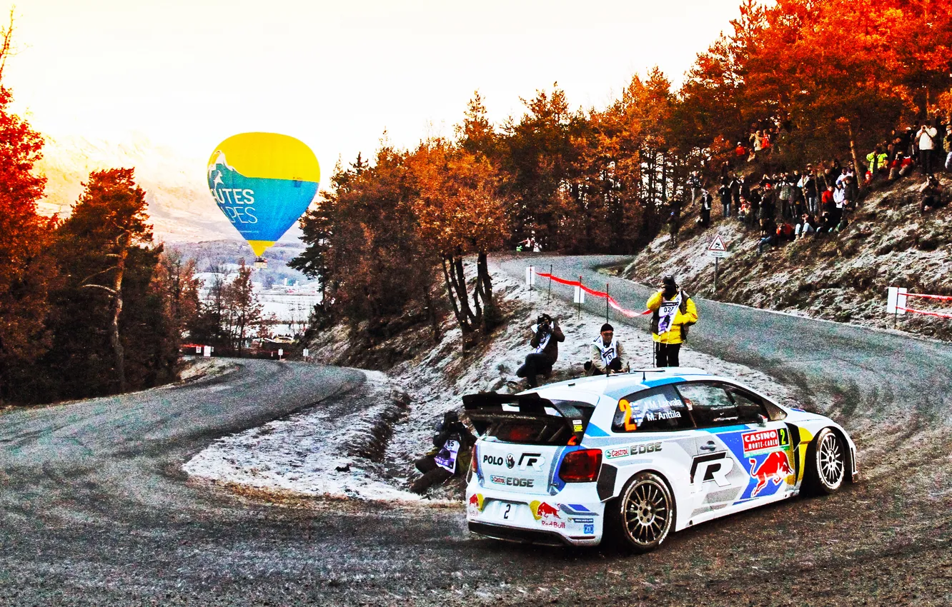 Photo wallpaper road, auto, autumn, balloon, speed, turn, Volkswagen, WRC