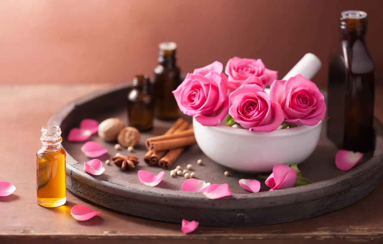 Photo wallpaper flowers, roses, petals, still life, pink flowers, spa