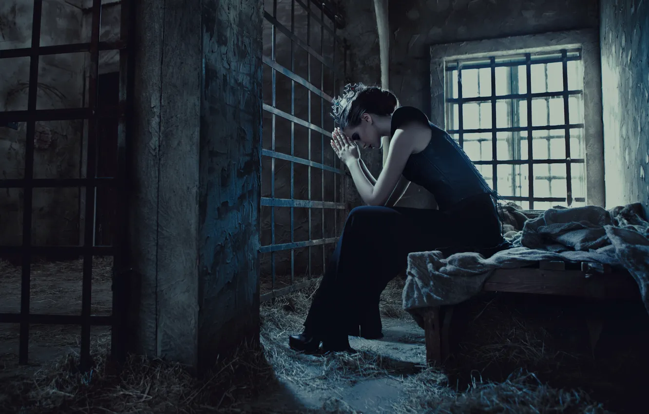 Photo wallpaper loneliness, Girl, grille, window, Princess, prison
