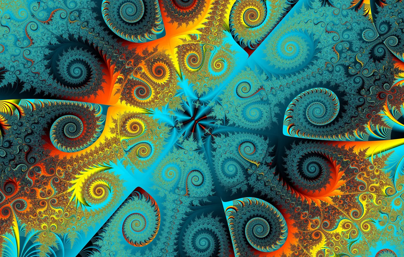 Photo wallpaper orange, yellow, abstraction, pattern, spiral, fractal, ornament, turquoise