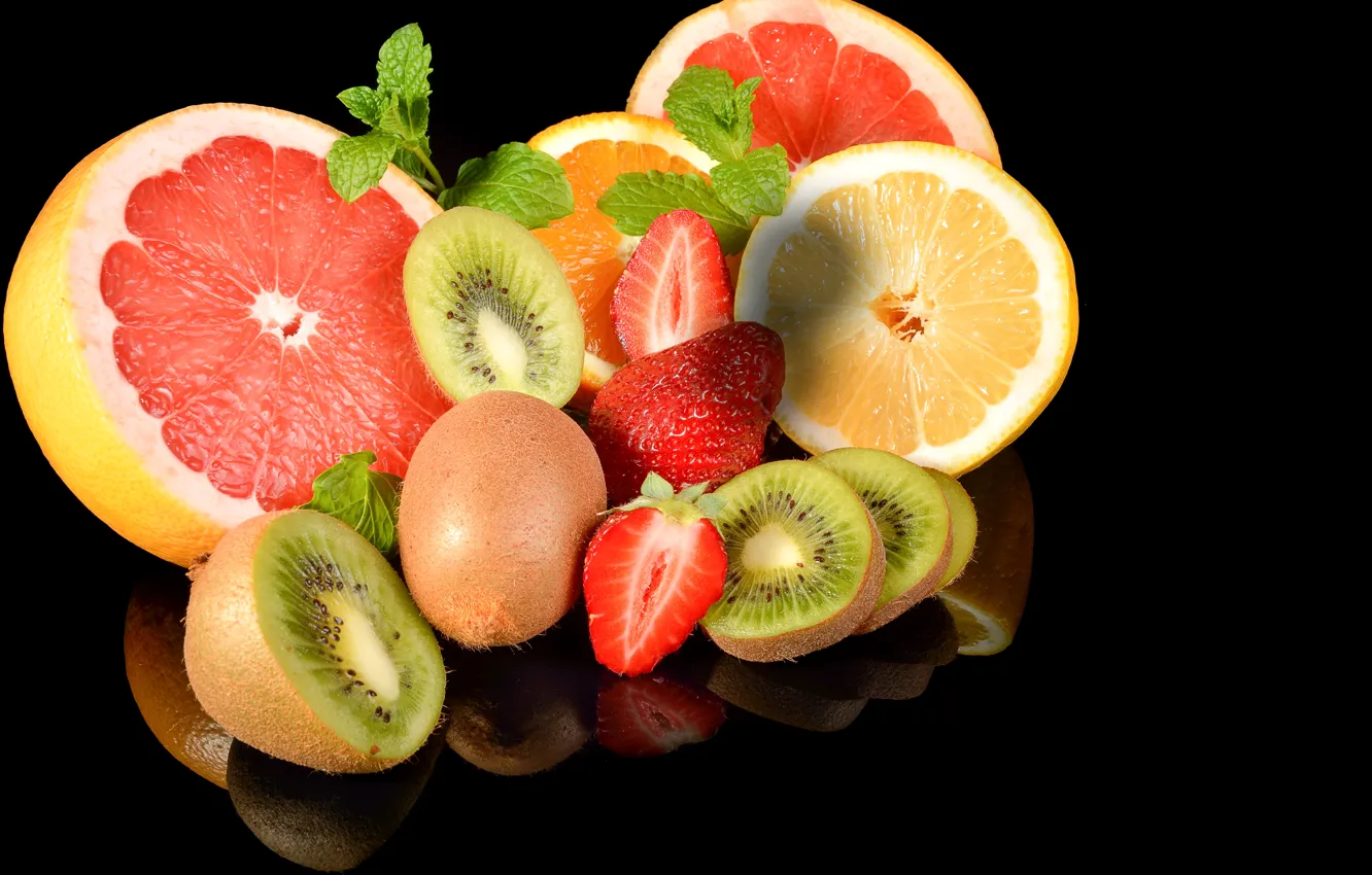 Photo wallpaper oranges, kiwi, strawberry, berry, fruit, black background, grapefruit