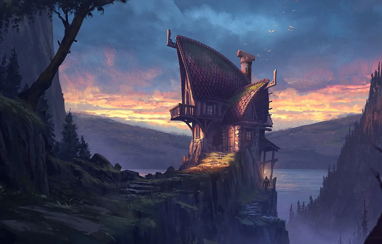 Photo wallpaper house, fantasy, bird, sunset, mountains, lake, digital art, artwork