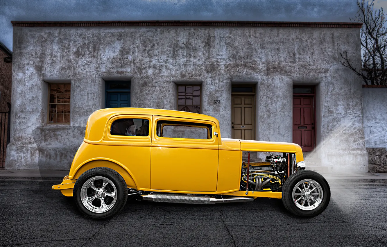 Photo wallpaper yellow, retro, street, classic, hot-rod, classic car