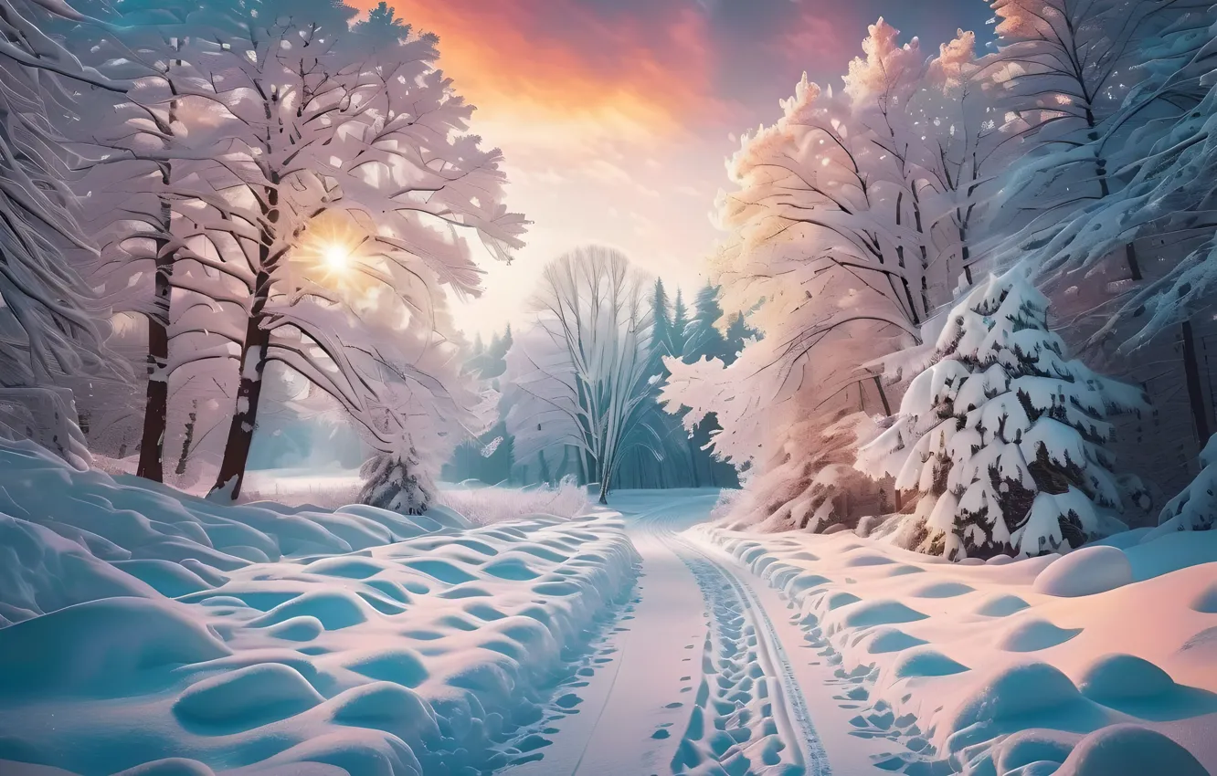 Photo wallpaper winter, frost, road, forest, the sky, the sun, clouds, light