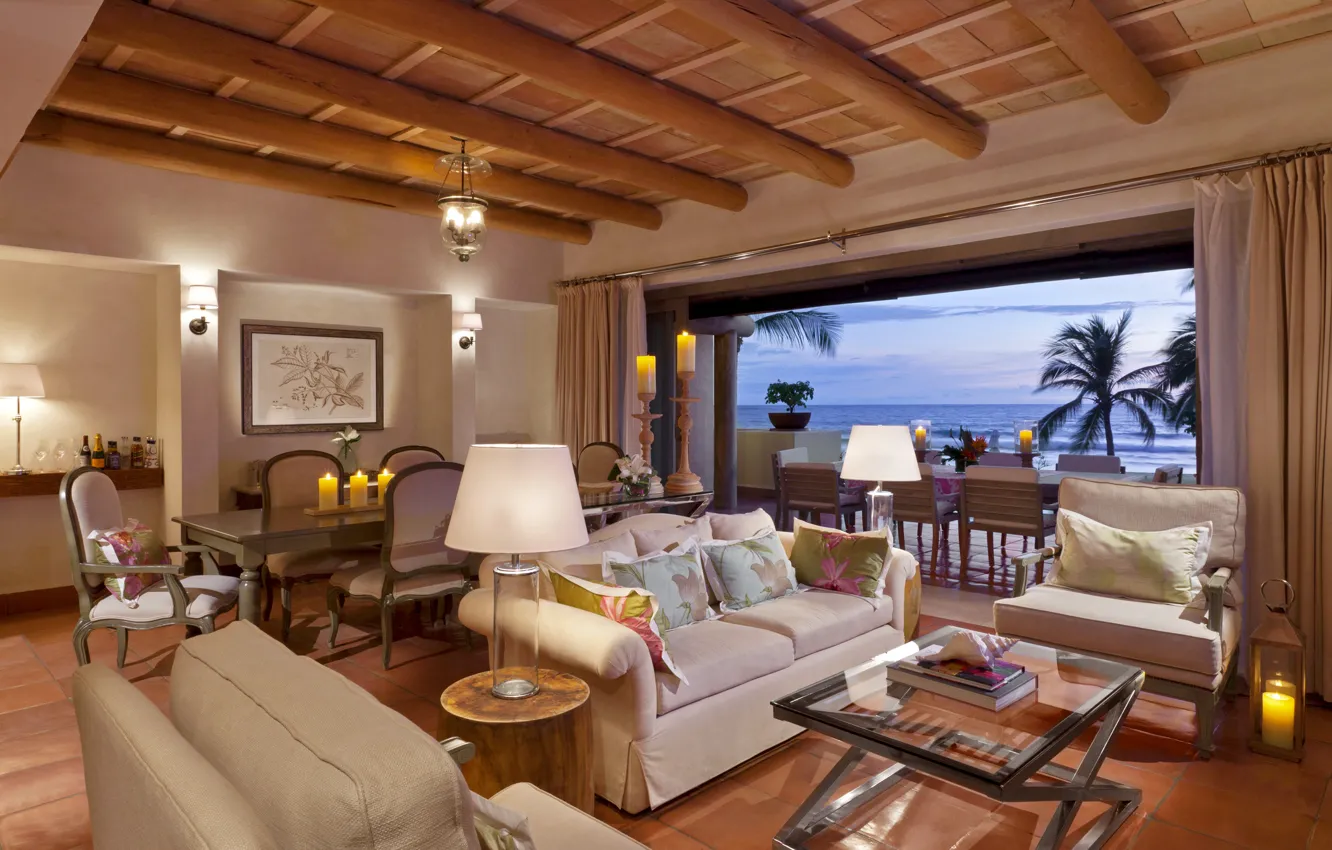 Photo wallpaper sea, design, table, sofa, lamp, interior, chair, candles