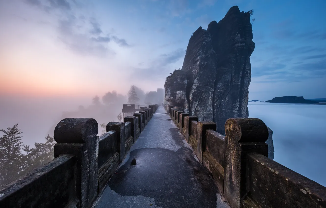 Photo wallpaper landscape, mountains, bridge, nature, fog, rocks, morning, Germany