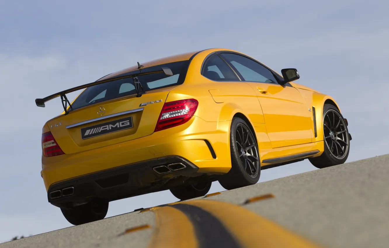 Photo wallpaper the sky, yellow, markup, supercar, Mercedes, rear view, AMG, racing track