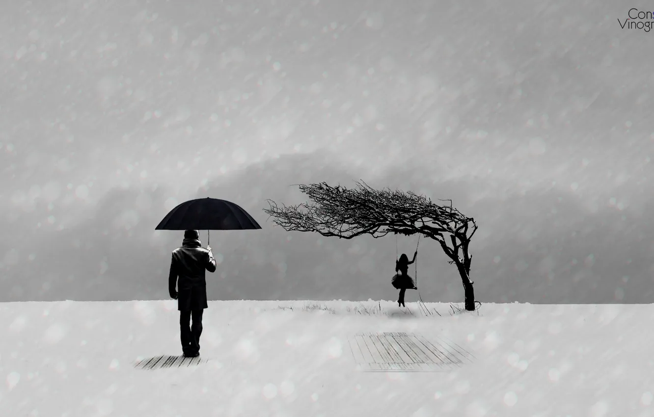 Photo wallpaper winter, sadness, girl, mood, minimalism, black and white, guy