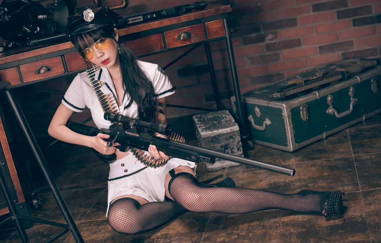 Photo wallpaper look, pose, weapons, table, model, skirt, portrait, stockings