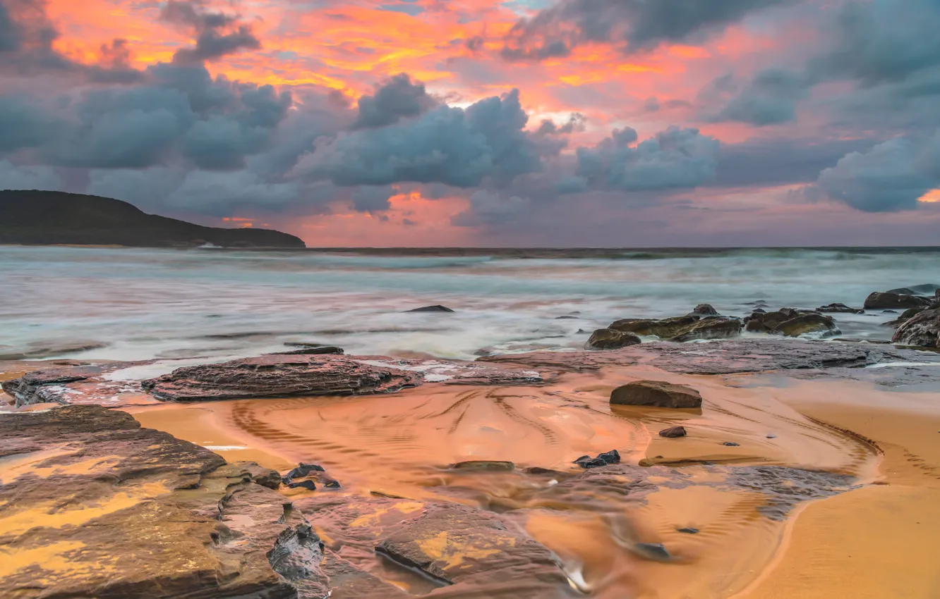Photo wallpaper sand, sea, beach, the sky, clouds, sunset, stones, rocks