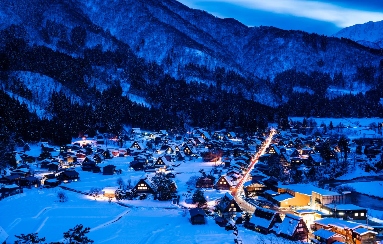Photo wallpaper winter, snow, mountains, night, lights, home, Japan, valley