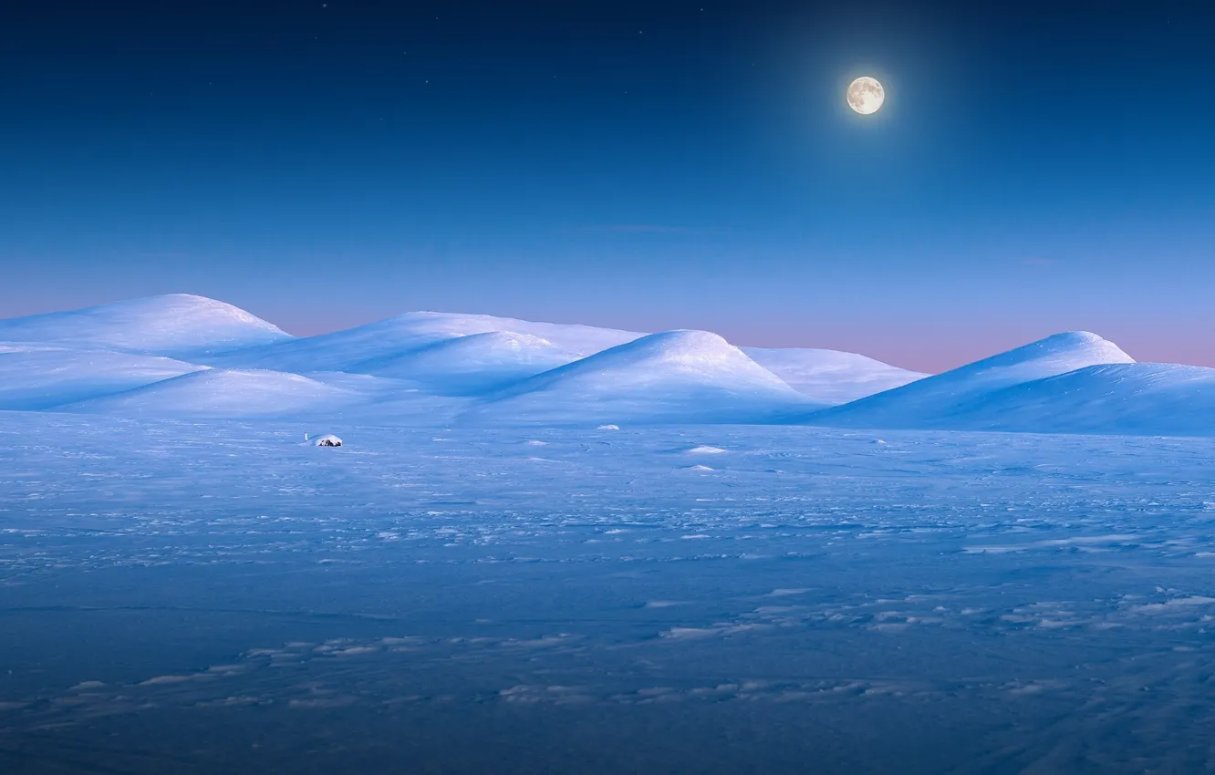 Photo wallpaper winter, snow, sunset, hills, the moon, Norway, Jotunheimen, Valdresflye