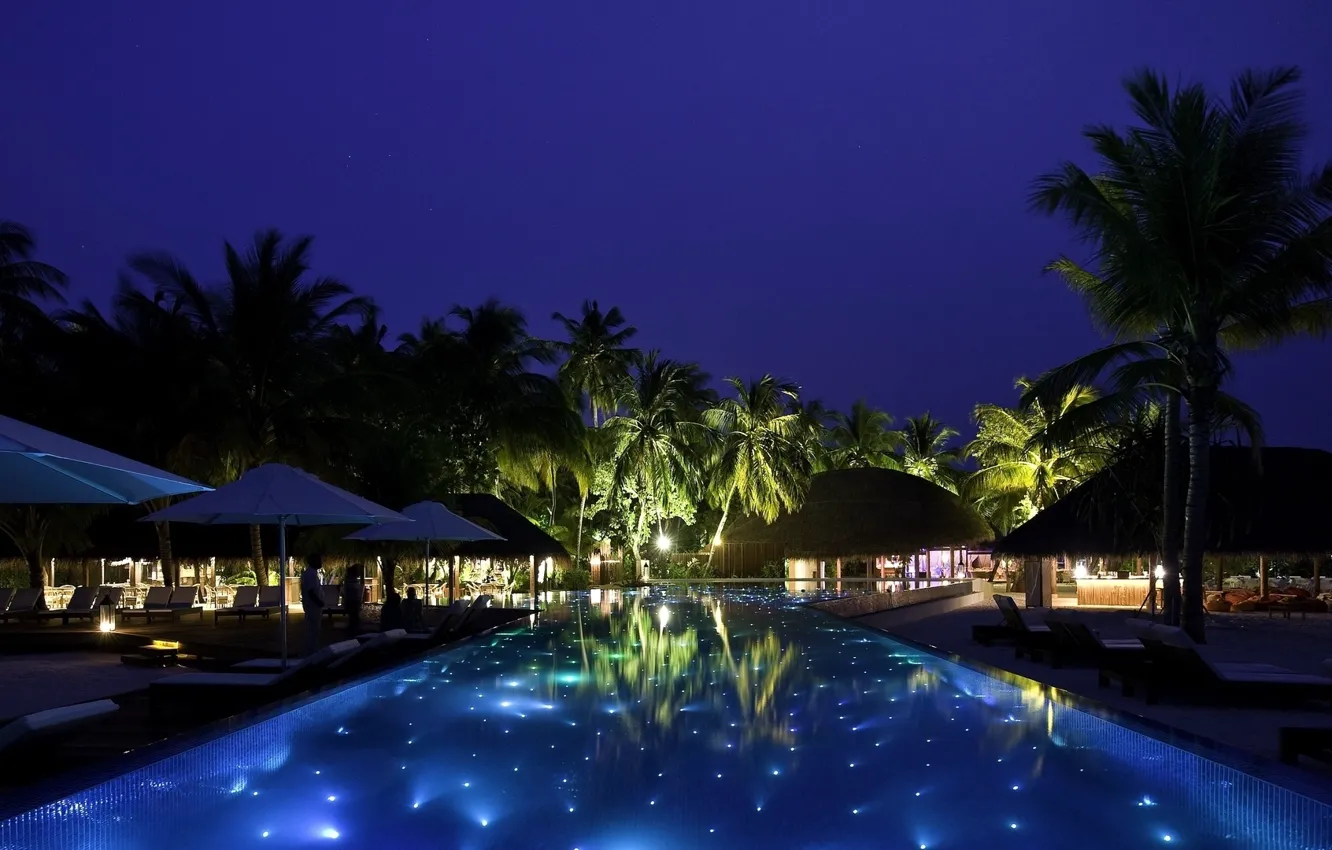Photo wallpaper night, palm trees, pool, resort
