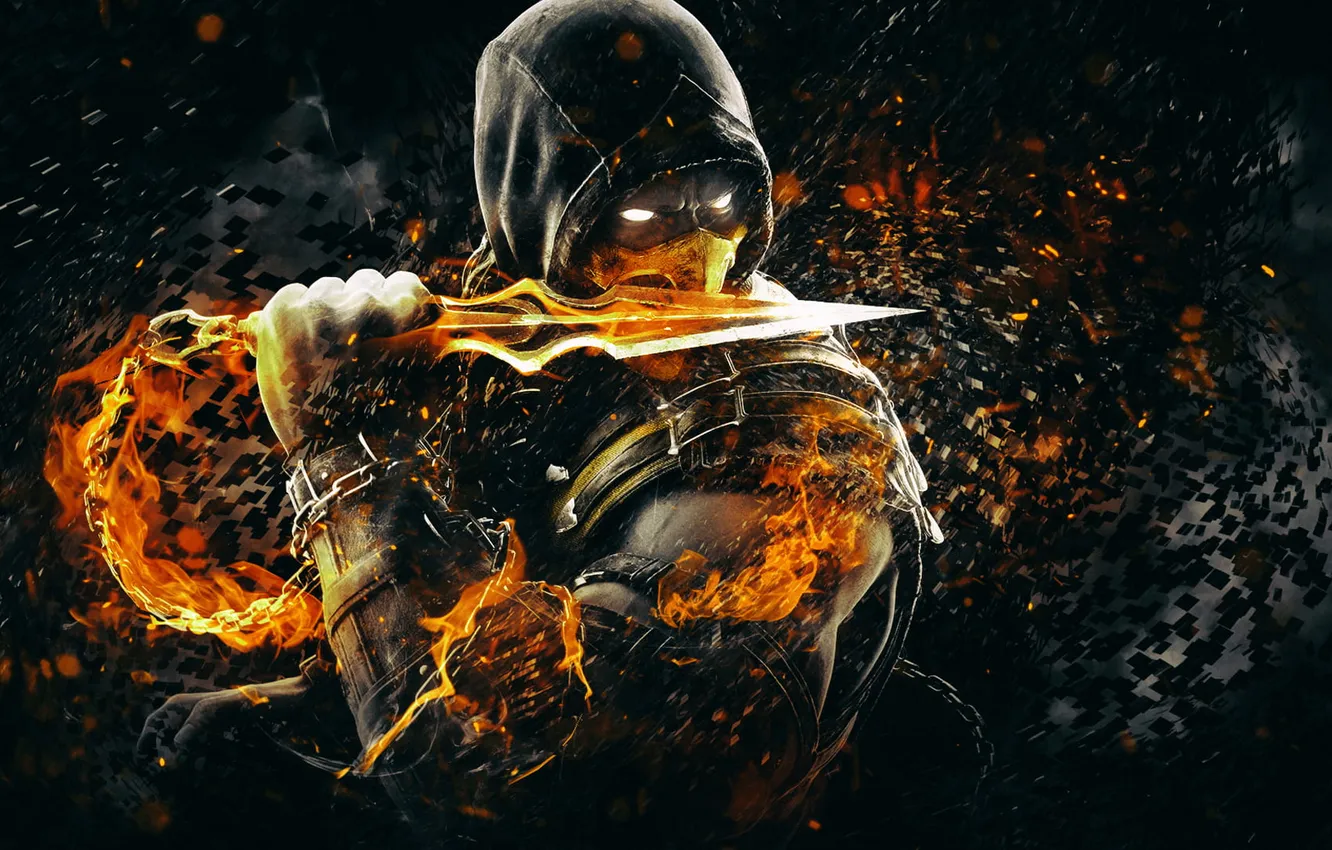 Photo wallpaper background, Scorpion, Mortal Kombat X, Black Fire